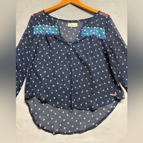 Hollister Navy Sheer Boho Embroidered Blouse Women’s Small Long Sleeve Top - Picture 9 of 16